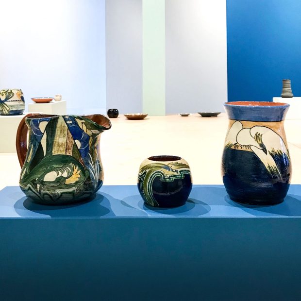 Elizabeth Lissaman at Obectspace:(Left to right) Elizabeth Lissaman, Jug, with reptile – 1934 Earthenware with onglaze decoration Alistair and Clare Fleming Collection Elizabeth Lissaman, Vase, with bird – 1934 Earthenware with underglaze decoration Alistair and Clare Fleming Collection Elizabeth Lissaman, Vase, with bird – 1932 Earthenware with underglaze decoration Gabby Cox Collection